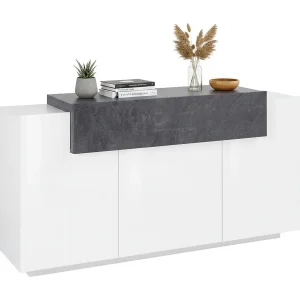Dmem dressoir, 3-deurs keukendressoir, Woonkamerbuffet, 100% Made in Italy, 160x45h86 cm, Glanzend wit en leisteen Dmem dressoir, 3-deurs keukendressoir, Woonkamerbuffet, 100% Made in Italy, 160x45h86 cm, Glanzend wit en leisteen