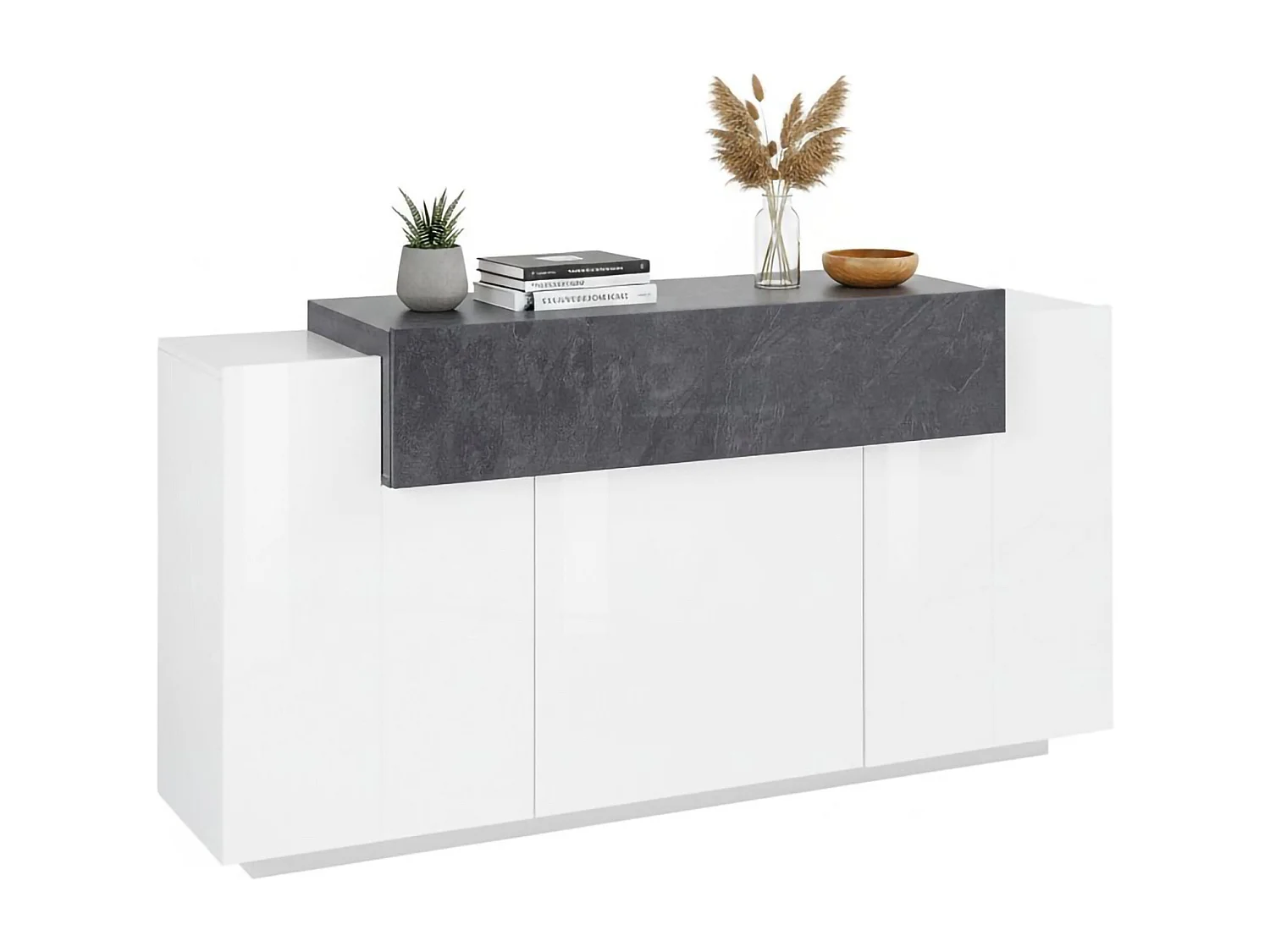 Dmem dressoir, 3-deurs keukendressoir, Woonkamerbuffet, 100% Made in Italy, 160x45h86 cm, Glanzend wit en leisteen
