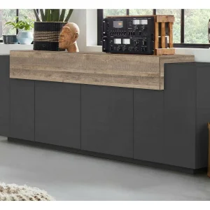 Dgerl Dressoir, Keukendressoir met 4 deuren, Woonkamerbuffet, 100% Made in Italy, 220x45h86 cm, Antraciet en Esdoorn Dgerl Dressoir, Keukendressoir met 4 deuren, Woonkamerbuffet, 100% Made in Italy, 220x45h86 cm, Antraciet en Esdoorn