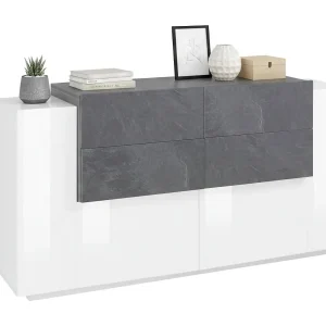 Daas dressoir, Keukendressoir met 2 deuren en 4 laden, Woonkamerbuffet, Keukendressoir, 100% Made in Italy, 160x45h86 cm, Glanzend wit en leisteen