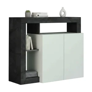 Dalle Dressoir, Woonkamerbuffet, Woonkamerdressoir, Keukenkast, Made in Italy, 108×42 h93 cm, Glanzend wit en Leisteen Dalle Dressoir, Woonkamerbuffet, Woonkamerdressoir, Keukenkast, Made in Italy, 108×42 h93 cm, Glanzend wit en Leisteen