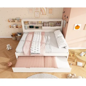 Dagbed 140×190 cm met uitschuifbaar bed 90×190 cm, USB-poorten en opbergruimte – Wit