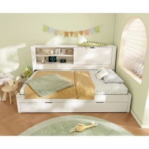 Dagbed 90×200 cm met uitschuifbaar bed 90×190 cm, USB-poorten en opbergruimte – Wit Dagbed 90×200 cm met uitschuifbaar bed 90×190 cm, USB-poorten en opbergruimte – Wit