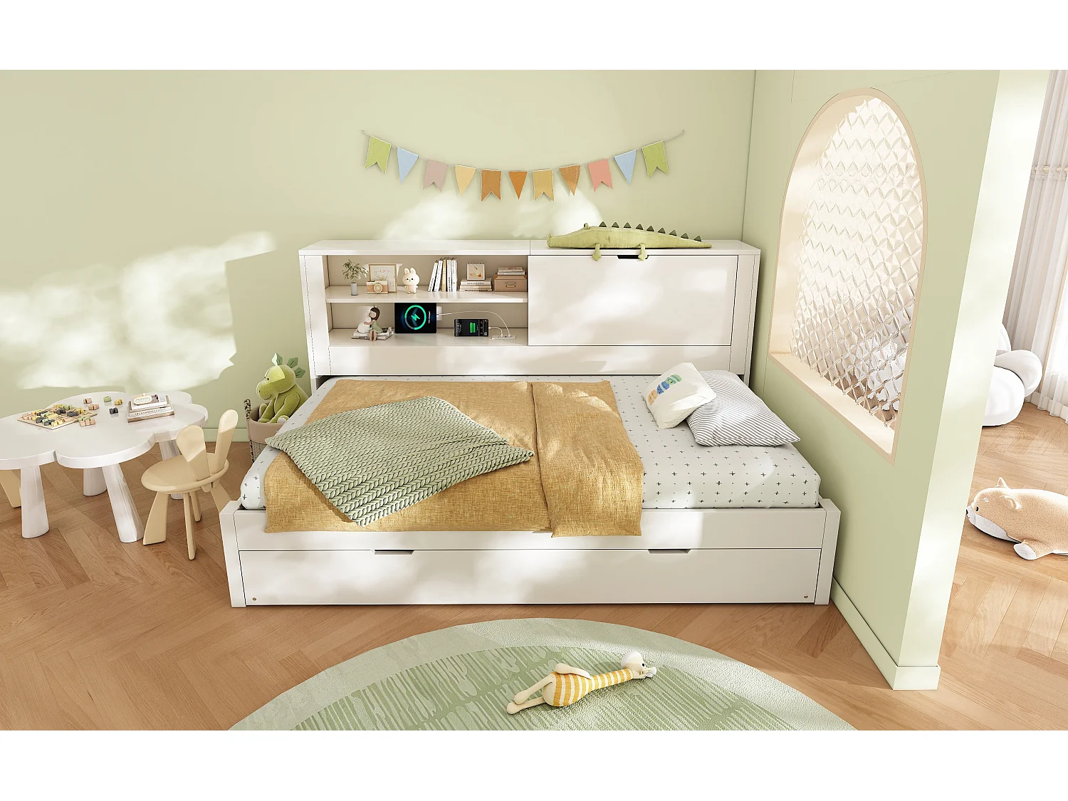 Dagbed 90x190 cm met uitschuifbaar bed 90x190 cm, USB-poorten en opbergruimte - Wit