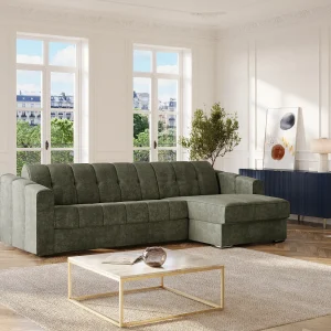 Omkeerbare hoekslaapbank in groene kaki stof – 140 cm – 18 cm DARIELO