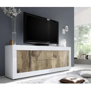 Buffet 2 deuren en 2 laden, collectie ISORA, in glanzend wit lak en licht eiken kleur