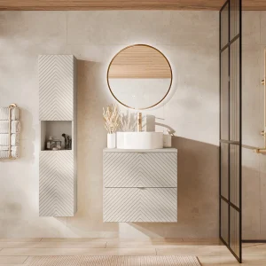 Badkamerkolom met visgraatpatroon en nis, beige kleur, H140 cm, DORIONI