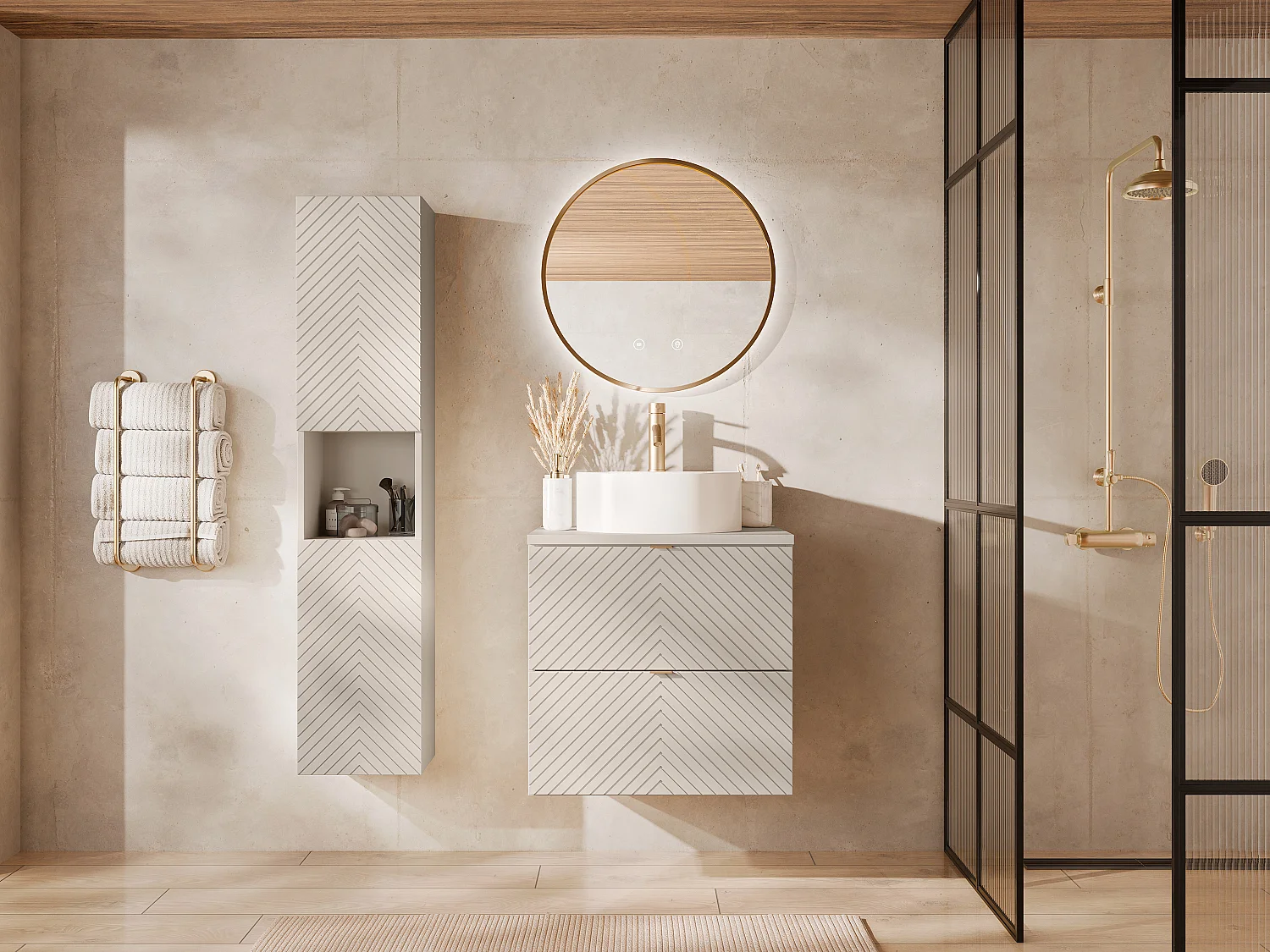 Badkamerkolom met visgraatpatroon en nis, beige kleur, H140 cm, DORIONI