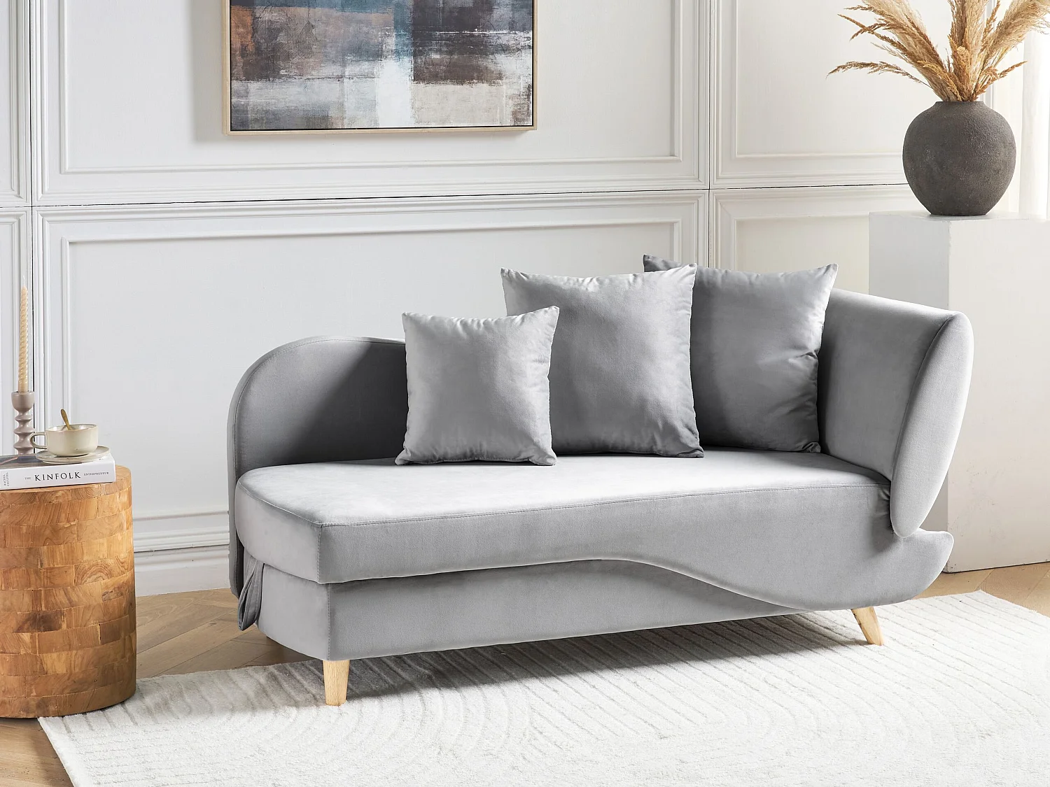 Chaise longue met opbergruimte fluweel lichtgrijs rechtszijdig MERI II