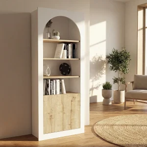 Boekenkast met 4 nissen en 2 deuren – Wit en licht naturel – CYMORA Boekenkast met 4 nissen en 2 deuren – Wit en licht naturel – CYMORA