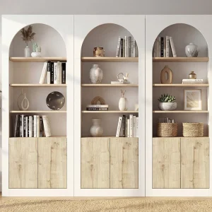 Set van 3 boekenkasten met 4 nissen en 2 deuren – Wit en licht naturel – CYMORA Set van 3 boekenkasten met 4 nissen en 2 deuren – Wit en licht naturel – CYMORA