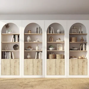 Set van 4 boekenkasten met 4 nissen en 2 deuren – Wit en licht naturel – CYMORA Set van 4 boekenkasten met 4 nissen en 2 deuren – Wit en licht naturel – CYMORA