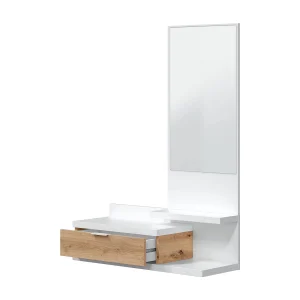 Dmissor entreemeubel, Entree met spiegel en lade, Zakleger voor inkomhal van kleine appartementen, 81x29h116 cm, Wit en geknoopt eiken