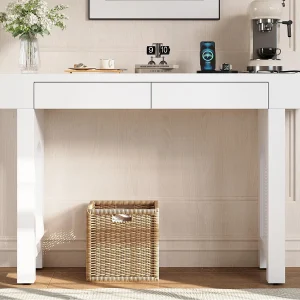 Console tafel 120×35,5×76,5cm – met 2 lades – met stopcontact – MDF – Wit Console tafel 120×35,5×76,5cm – met 2 lades – met stopcontact – MDF – Wit