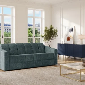 Driezitsbank met sneluitklapbaar slaapsysteem in blauwgroene stof brede latten 140 cm matras 22 cm DARIELO Driezitsbank met sneluitklapbaar slaapsysteem in blauwgroene stof brede latten 140 cm matras 22 cm DARIELO