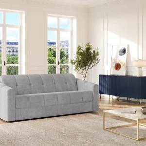 Driezitsslaapbank express lichtgrijze stof brede latten 140 cm – 22 cm DARIELO Driezitsslaapbank express lichtgrijze stof brede latten 140 cm – 22 cm DARIELO
