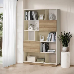 Boekenkast met 2 deuren en 8 nissen – Beige en licht naturel – CEVANIA Boekenkast met 2 deuren en 8 nissen – Beige en licht naturel – CEVANIA