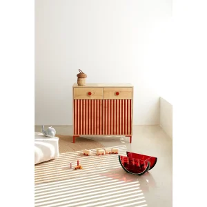 Commode 2 deuren 2 laden kleur eiken en rode strepen Commode 2 deuren 2 laden kleur eiken en rode strepen