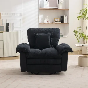 Draaibare fauteuil in zwarte chenille stof met kussen – Voor woonkamer, slaapkamer en kantoor