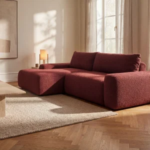 Slaapbank hoek links in bordeauxrode chenillestof DAVISO Slaapbank hoek links in bordeauxrode chenillestof DAVISO