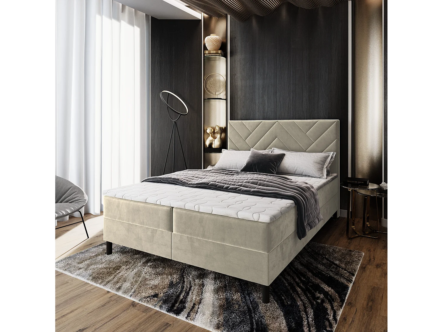 Boxspringbed ROKIS 180x200 cm Set met hoofdbord, bedbodem en matras, Crème