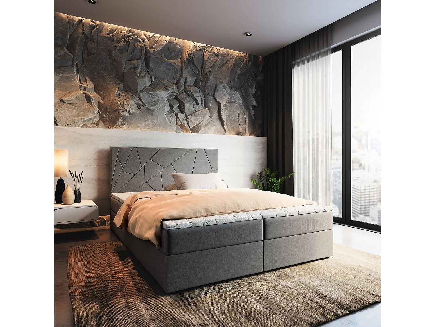 Boxspringbed MADO 140x200 cm Set met hoofdbord, bedbodem en matras, Antracietgrijs