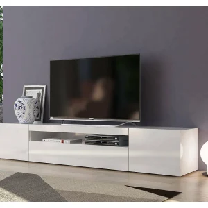Dafrim TV-meubel, Laag woonkamerdressoir met 3 deuren, TV-meubelbasis, 100% Made in Italy, 200x40h37 cm, Glanzend wit