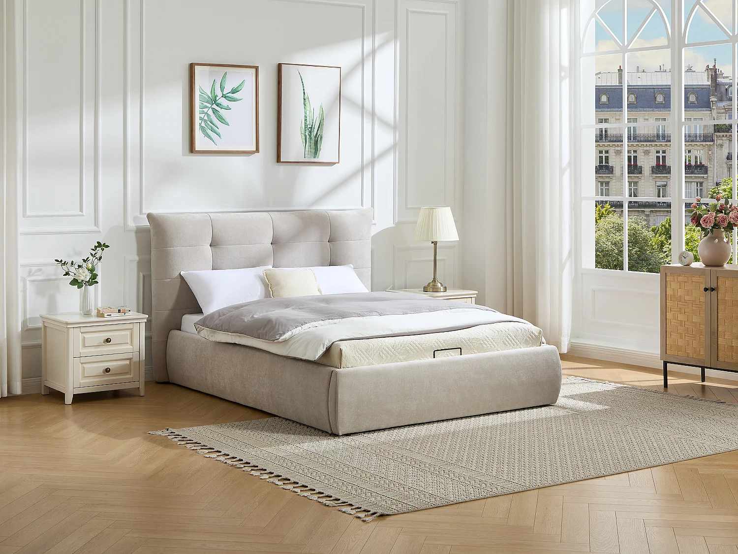 Bed met opbergruimte 140 x 190 cm met gestoffeerd hoofdbord van beige stof + matras - DORMELINA