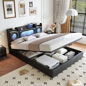 Design tweepersoonsbed 160×200 cm zwart met hydraulische opbergruimte, meerkleurige LED, USB Type-C poorten en gewatteerd hoofdeinde Design tweepersoonsbed 160×200 cm zwart met hydraulische opbergruimte, meerkleurige LED, USB Type-C poorten en gewatteerd hoofdeinde