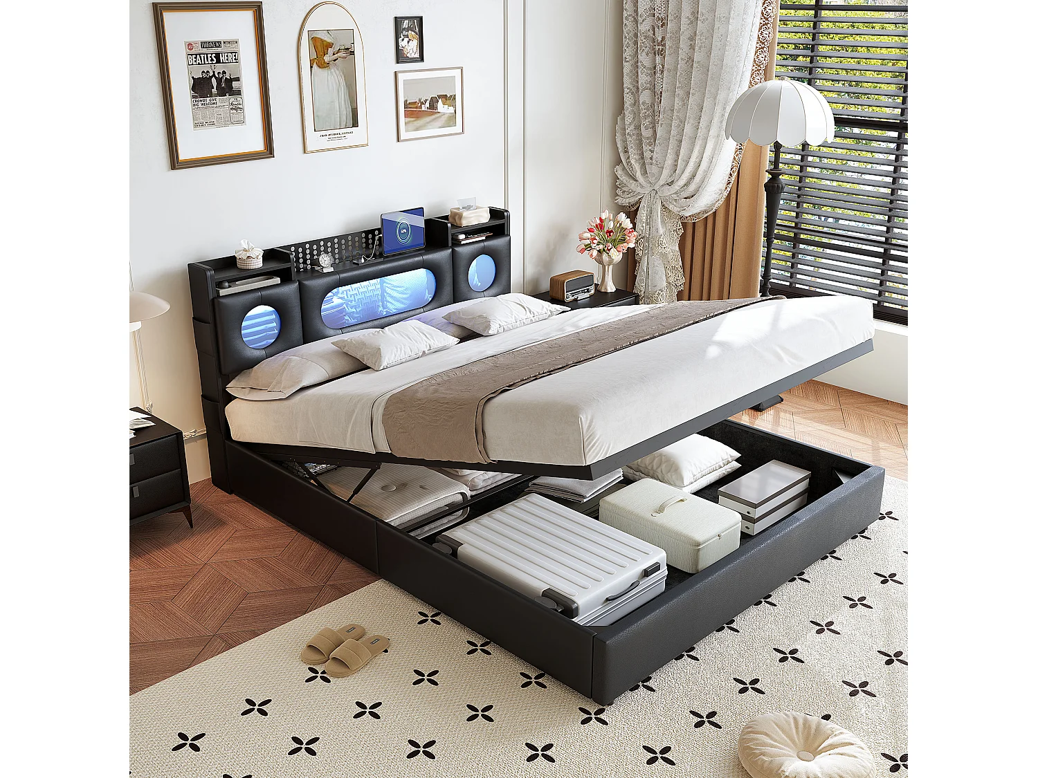 Design tweepersoonsbed 160x200 cm zwart met hydraulische opbergruimte, meerkleurige LED, USB Type-C poorten en gewatteerd hoofdeinde