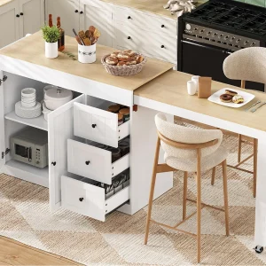 Centraal kookeiland – uitschuifbare eettafel – met 1 USB-poort en 1 Type-C-poort – met kruidenrek en wieltjes – Natuur + Wit