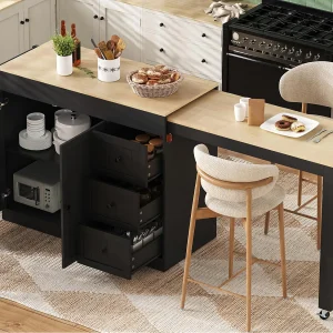 Centraal kookeiland – uitschuifbare eettafel – met 1 USB-poort en 1 Type-C-poort – met kruidenrek en wieltjes – Natuur + Zwart