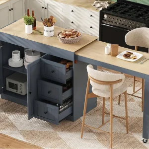 Centraal kookeiland – uitschuifbare eettafel – met 1 USB-poort en 1 Type-C-poort – met kruidenrek en wieltjes – Natuur + Grijs
