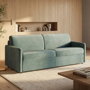 Slaapbank smaragdgroen fluweel traagschuim zitting 140 cm matras 18 cm CALIFE Slaapbank smaragdgroen fluweel traagschuim zitting 140 cm matras 18 cm CALIFE