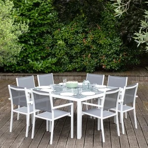 CAGLIARI grijs textilene tuinset 8 zitplaatsen – wit aluminium