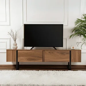 Design tv-meubel met 2 neerklapbare deuren en geïntegreerde opslag in zwart melaminehout – SERENITY Design tv-meubel met 2 neerklapbare deuren en geïntegreerde opslag in zwart melaminehout – SERENITY