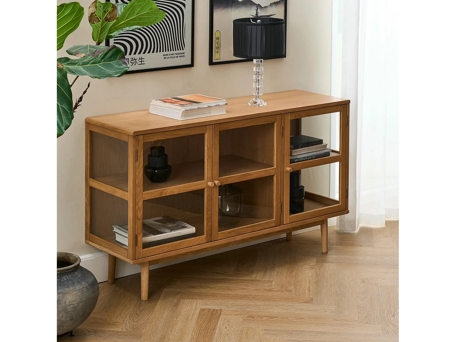 Buffetkast Svendborg - 3 deuren, 3 planken - Massief eikenhout & glas - Natuurlijk
