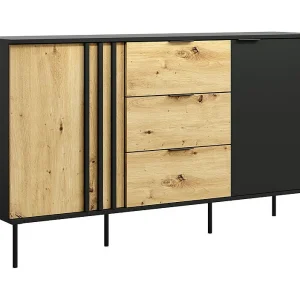 Buffet design IZO – 2 deuren & 3 laden – Onyx zwart & Licht eiken – 165x92x40 cm