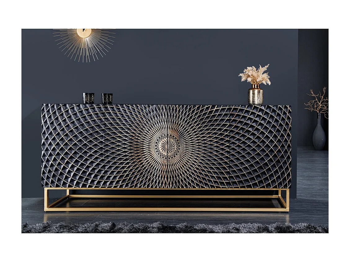 Buffet KOSMOS 180 cm – Massief zwart hout met 3D-snijwerk – Gouden metalen poten