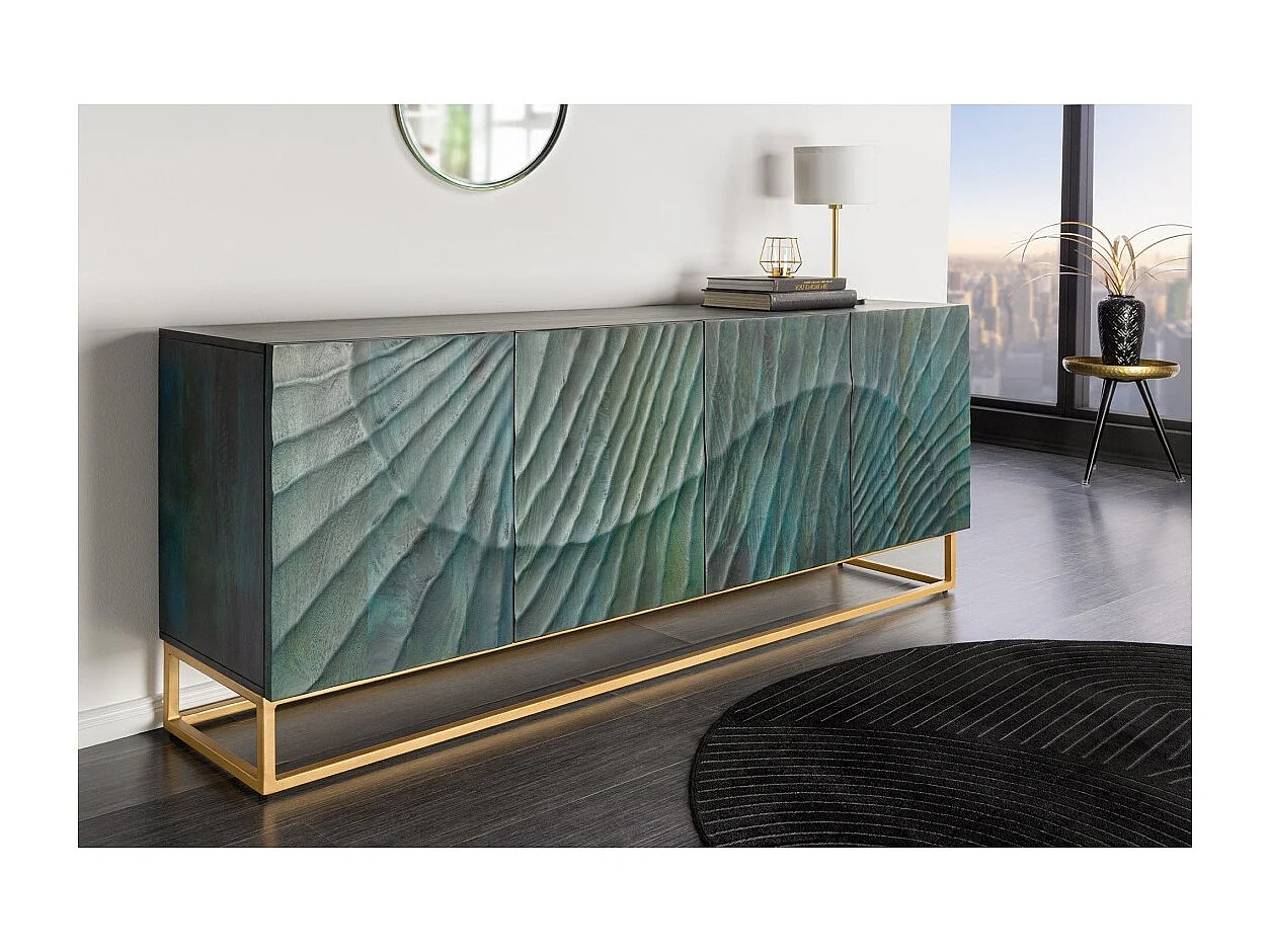 Buffet LUMBER 180 cm – Gesneden turquoise en gouden hout, hedendaagse designstijl
