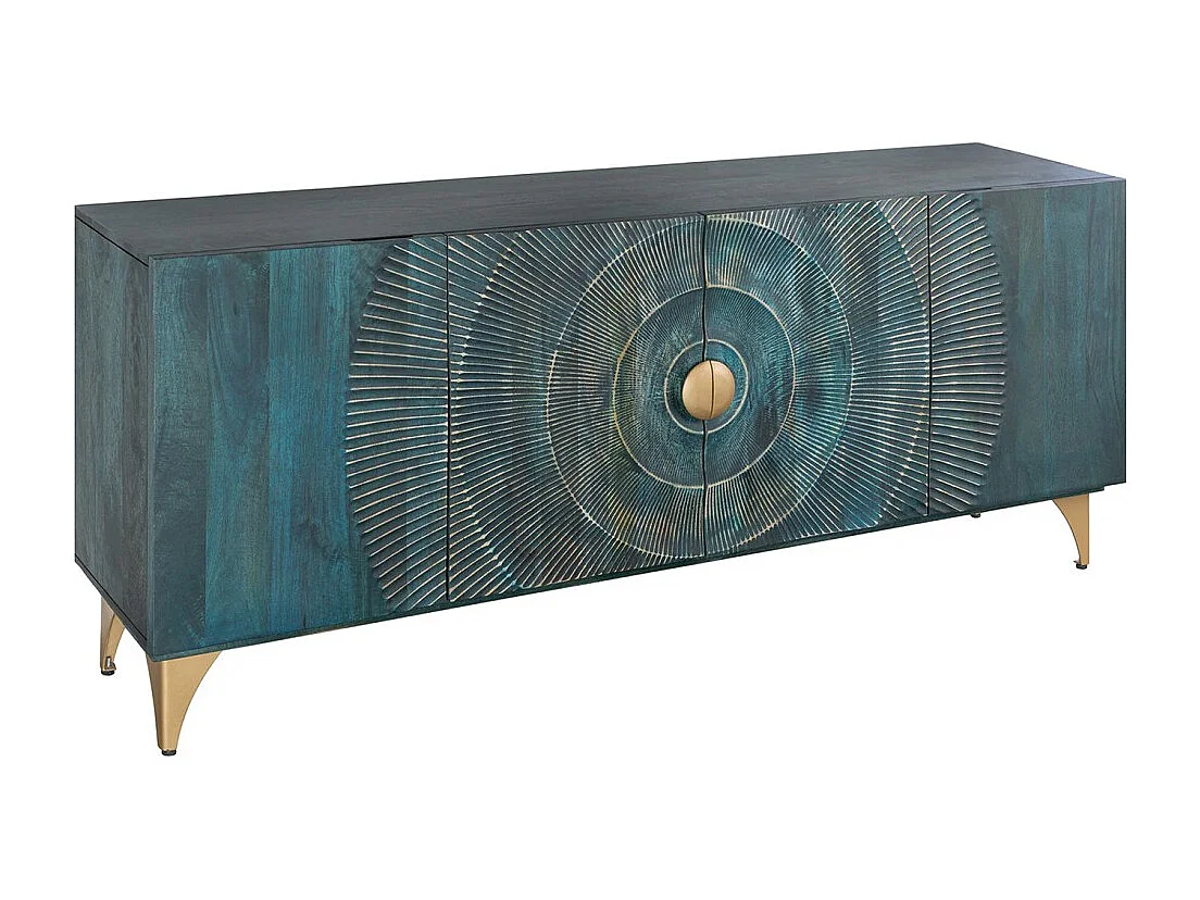 Buffet SOLARIS 180 cm in massief hout uitgesneden blauw en goud – 4 deuren