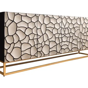 Buffet TERRAKAN 180 cm – Massief hout zwart en wit gesneden met gouden poten Buffet TERRAKAN 180 cm – Massief hout zwart en wit gesneden met gouden poten