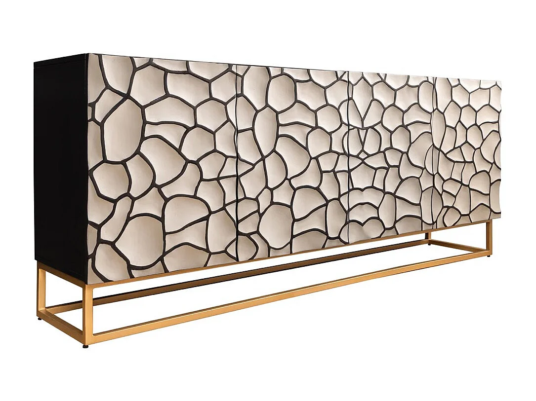 Buffet TERRAKAN 180 cm – Massief hout zwart en wit gesneden met gouden poten