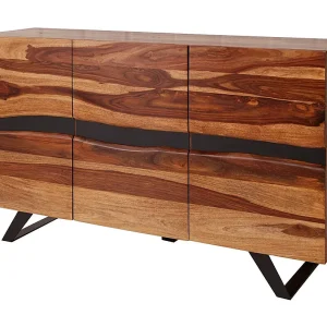 Buffet ORKAN 150 cm – Massief Sheeshamhout en zwart metaal – 3 deuren in industriële stijl Buffet ORKAN 150 cm – Massief Sheeshamhout en zwart metaal – 3 deuren in industriële stijl