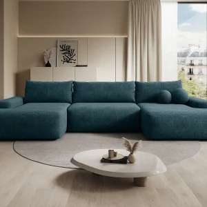 Grote panoramische hoekbank met slaapfunctie voor 7 personen in blauw gestructureerd stof DAVISO Grote panoramische hoekbank met slaapfunctie voor 7 personen in blauw gestructureerd stof DAVISO