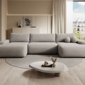 Grote panoramische uittrekbare hoekbank met 7 zitplaatsen in taupe textielstof DAVISO Grote panoramische uittrekbare hoekbank met 7 zitplaatsen in taupe textielstof DAVISO