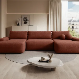 Grote panoramische hoekbank met slaapfunctie voor 7 personen in terracotta gestructureerde stof DAVISO Grote panoramische hoekbank met slaapfunctie voor 7 personen in terracotta gestructureerde stof DAVISO