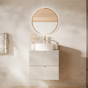 Enkel Zwevend badkamermeubel in visgraatmotief met ronde opzetwastafel, beige, B60 cm, DORIONI