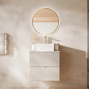 Enkel Zwevend badkamermeubel in visgraatmotief met vierkante opzetwastafel, beige, B60 cm, DORIONI