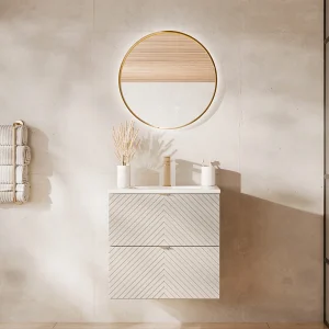 Zwevend badkamermeubel met visgraat-patroon en inbouwwastafel, beige, 60 cm – DORIONI Zwevend badkamermeubel met visgraat-patroon en inbouwwastafel, beige, 60 cm – DORIONI